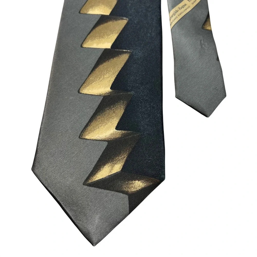 Ermenegildo‎ Zegna Silk Tie Geometric Gray Old Money Eclectic Grandpa Vtg 90's